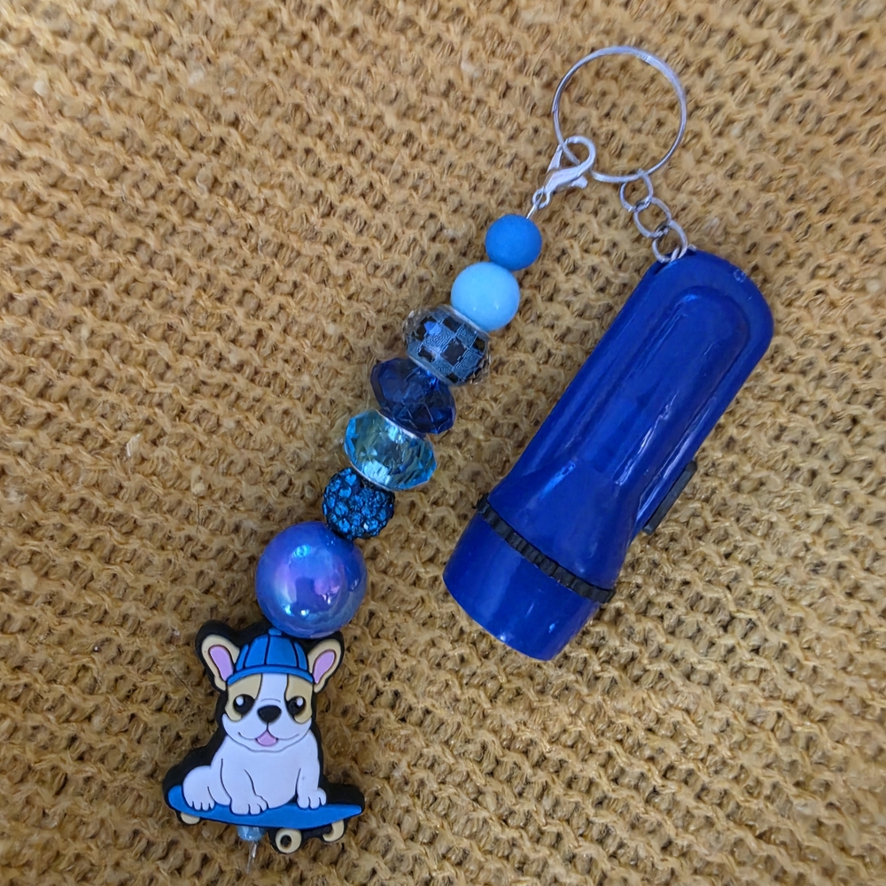 Blue Beaded Keychain with Dog Charm & Mini Flashlight
